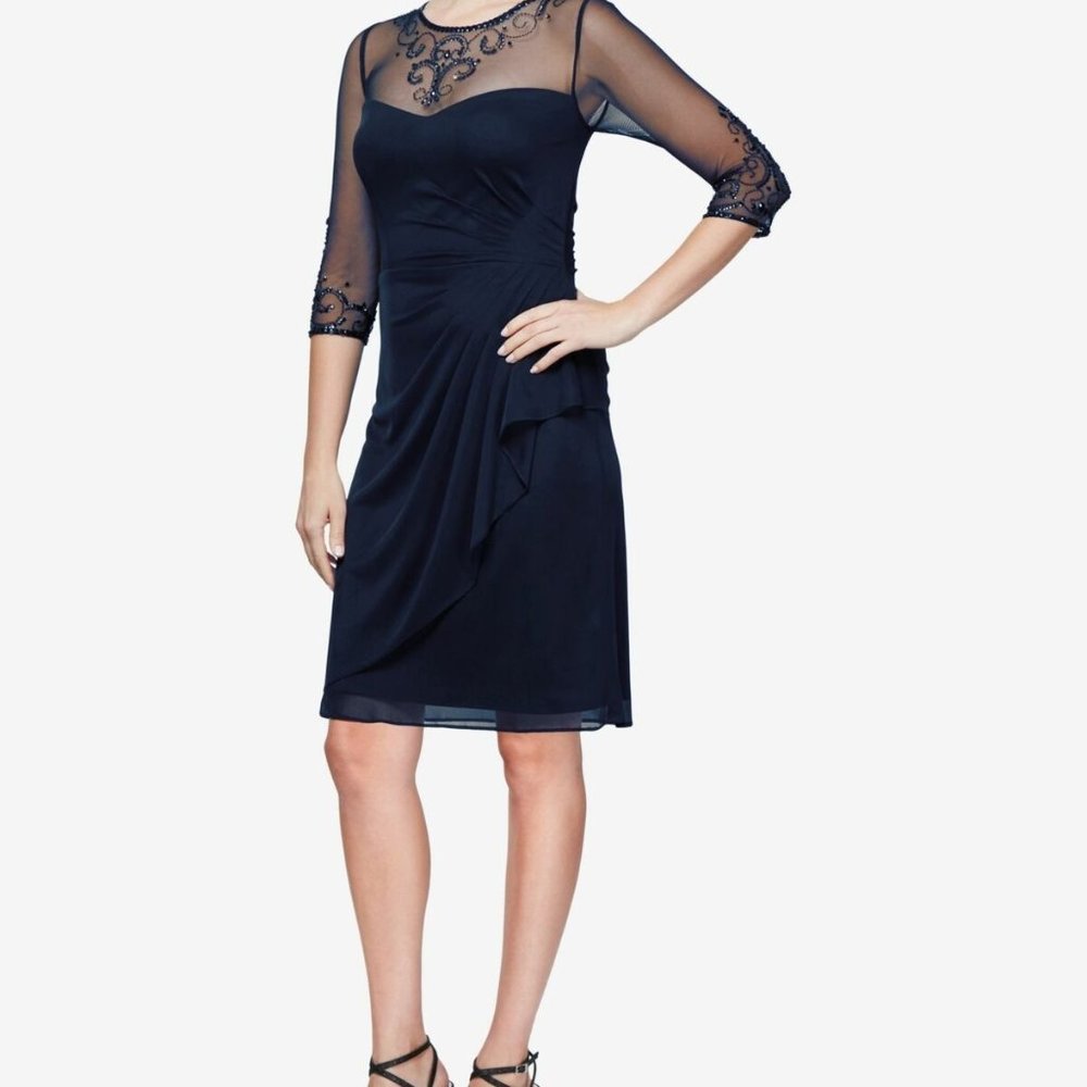 ALEX EVENINGS Womens Navy Ruched Dress